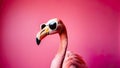 Cool flamigo character in sunglasses, wild jungle animal, pink bird portrait
