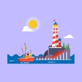 Cool flat design fishing boat seaway transportation. Lighthouse on rock stones island cartoon vector background. Vector Royalty Free Stock Photo