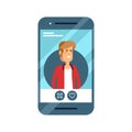 Cool flat vector concept on online application dating user. Phone with dating web site female profile on display with