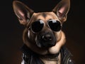 Cool Fluffy Dog German Shepherd Breed In Stylish Lather Jacket And Sunglasses Royalty Free Stock Photo