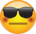 Cool flushed neutral face emoji. Awesome yellow face emoticon wearing sunglasses and having a small, closed mouth and blushing