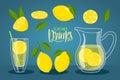 Cool fresh lemonade in glass pitcher and glass. Vessel with lemonade and lemons. Summer drink lettering. Cold detox Royalty Free Stock Photo