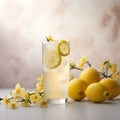 Cool freshly made lemonade and lemon fruits on beige background. Space for text. AI generated