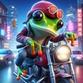 A cool frog on a motorcycle, crazy frog, green toad