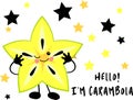 Cool fruit character. Face, smile and eyes. Sticker or print. Tropical carambola. Healthy food