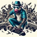 cool gangster bull flip ride skateboard anthropomorphic funny character poser sticker street culture