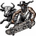 cool gangster bull flip ride skateboard anthropomorphic funny character poser sticker street culture