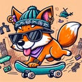 cool gangster fox flip jump skateboard anthropomorphic funny character poster in wintertime