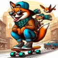 cool gangster fox flip jump skateboard anthropomorphic funny character poster in wintertime