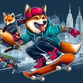 cool gangster fox flip jump skateboard anthropomorphic funny character poster in wintertime