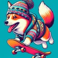 cool gangster fox flip jump skateboard anthropomorphic funny character poster in wintertime