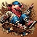cool gangster tatooed pig flip jump skateboard anthropomorphic funny character poster sticker