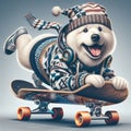 cool gangster tatooed polar bear flip jump skateboard anthropomorphic funny character poster sticker Royalty Free Stock Photo