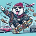 cool gangster tatooed polar bear flip jump skateboard anthropomorphic funny character poster sticker Royalty Free Stock Photo