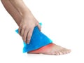 Cool gel pack on a swollen hurting ankle. Royalty Free Stock Photo