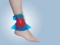 Cool gel pack on a swollen hurting ankle. Royalty Free Stock Photo