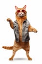 Cool ginger cat in a denim shirt and red sunglasses standing on a white background