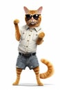 Cool ginger cat in white shirts and blue shorts and sunglasses, standing on white background