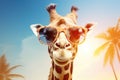 cool giraffe with sunglasses on tropical beach AI generated