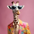 The Cool giraffe wearing suit clothes and glasses. Generative Ai.