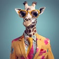 The Cool giraffe wearing suit clothes and glasses. Generative Ai.