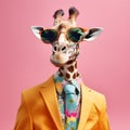 The Cool giraffe wearing suit clothes and glasses. Generative Ai.