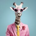 The Cool giraffe wearing suit clothes and glasses. Generative Ai.