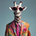 The Cool giraffe wearing suit clothes and glasses. Generative Ai.