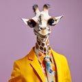 The Cool giraffe wearing suit clothes and glasses. Generative Ai.