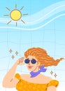 Cool girl with sunglasses. Red curly hairstyle. Summer illustration. Colorful vector.