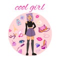 Cool girl vector illustration fashion poster. Young cool girl with fashion patch badges lips, shoes, eye, ladies bag