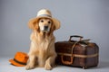 Cool golden retriever with hat, shades, suitcase, ticket on white