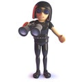 Cool gothic girl in latex catsuit with binoculars, 3d illustration