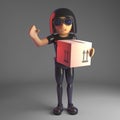 Cool gothic girl in leather suit delivering a cardboard box, 3d illustration