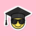 cool graduate, smiling face with sunglasses wearing graduation hat, cute smile sticker, groovy aesthetic vector design Royalty Free Stock Photo