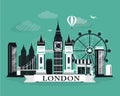 Cool graphic London city skyline poster with retro looking detailed design elements. London landscape with landmarks Royalty Free Stock Photo