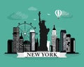 Cool graphic New York city skyline poster with retro looking detailed design elements. New York landscape with landmarks Royalty Free Stock Photo