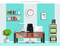 Cool graphic office room interior design with furniture: chair, table, bookcase, shelves, lamp. Flat style.