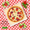 Cool graphic vector concept of picnic menu ideas for summer vacation. White checked cloth with pizza, sandwiches and vegetables. Royalty Free Stock Photo