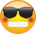 Cool grinning and blushing emoji. Awesome looking yellow face emoticon wearing shades with broad grin and flushed cheeks.