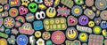 Cool Groovy Stickers Background. Trendy Pop Art Patches Texture. Y2k Collage Backdrop. Smile Funky Badges