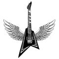 Cool guitar. Rock emblem for music festival. Heavy metall concert. T-shirt print, poster. Musical instrument. Badge