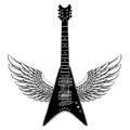 Cool guitar. Rock emblem for music festival. Heavy metall concert. T-shirt print, poster. Musical instrument. Badge