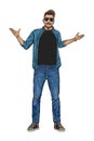 Cool guy in sunglasses stretches his hand to the side. Vector illustration