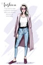 Cool hand drawn fashion woman in coat. Stylish beautiful woman in sunglasses.