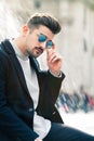 Cool handsome fashion young man. Stylish man in the city Royalty Free Stock Photo