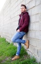 Cool handsome guy playing guitar at outside Royalty Free Stock Photo