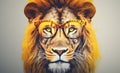 Cool handsome hipster lion with glasses on a black background. Leader, creative idea