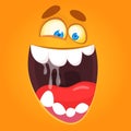 Cool happy cartoon monster face. Vector Halloween orange monster with wide mouth smiling full of saliva