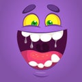 Cool happy cartoon monster face. Vector Halloween purple monster laughing